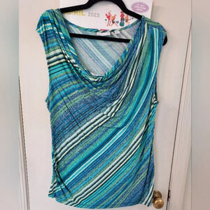 New York & Company Blue and Green Diagonal Striped Sleeveless Top in Size XL